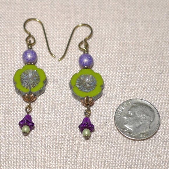 Hand Crafted Handmade Earrings Green & Purple Czech Glass Long Flower Earrings - Picture 3 of 5
